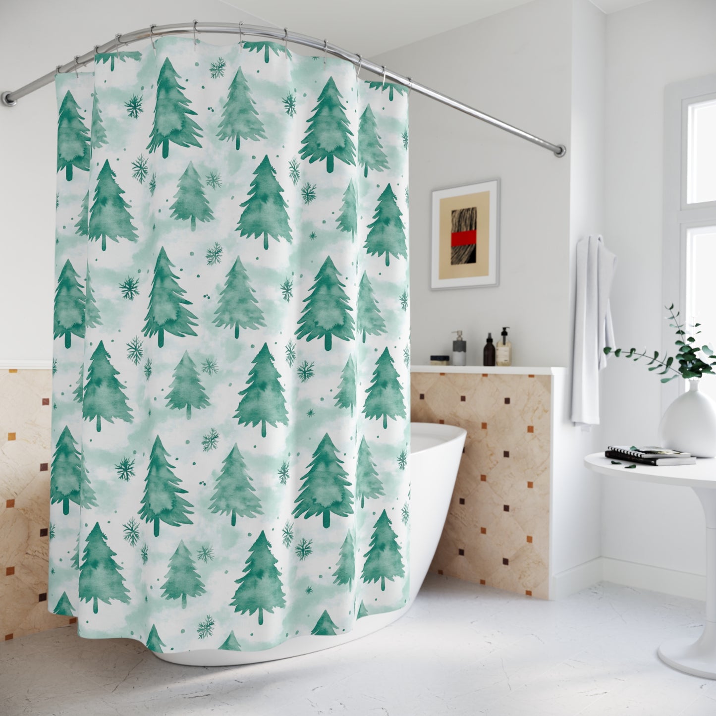 Shower Curtain Winter Wonderland Holiday Decor Christmas Bathroom Accessories Festive Home Decor Pine Tree Design