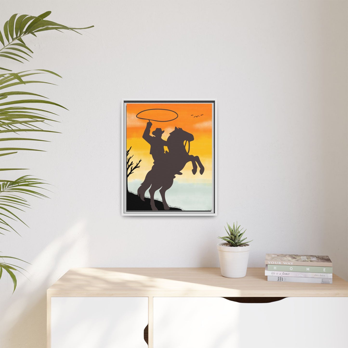 Framed Canvas Art Print Western Home Decor Rustic Wall Art Gift for Cowgirl or Cowboy Country Housewarming Rodeo Home Decor Cowboy Sunset