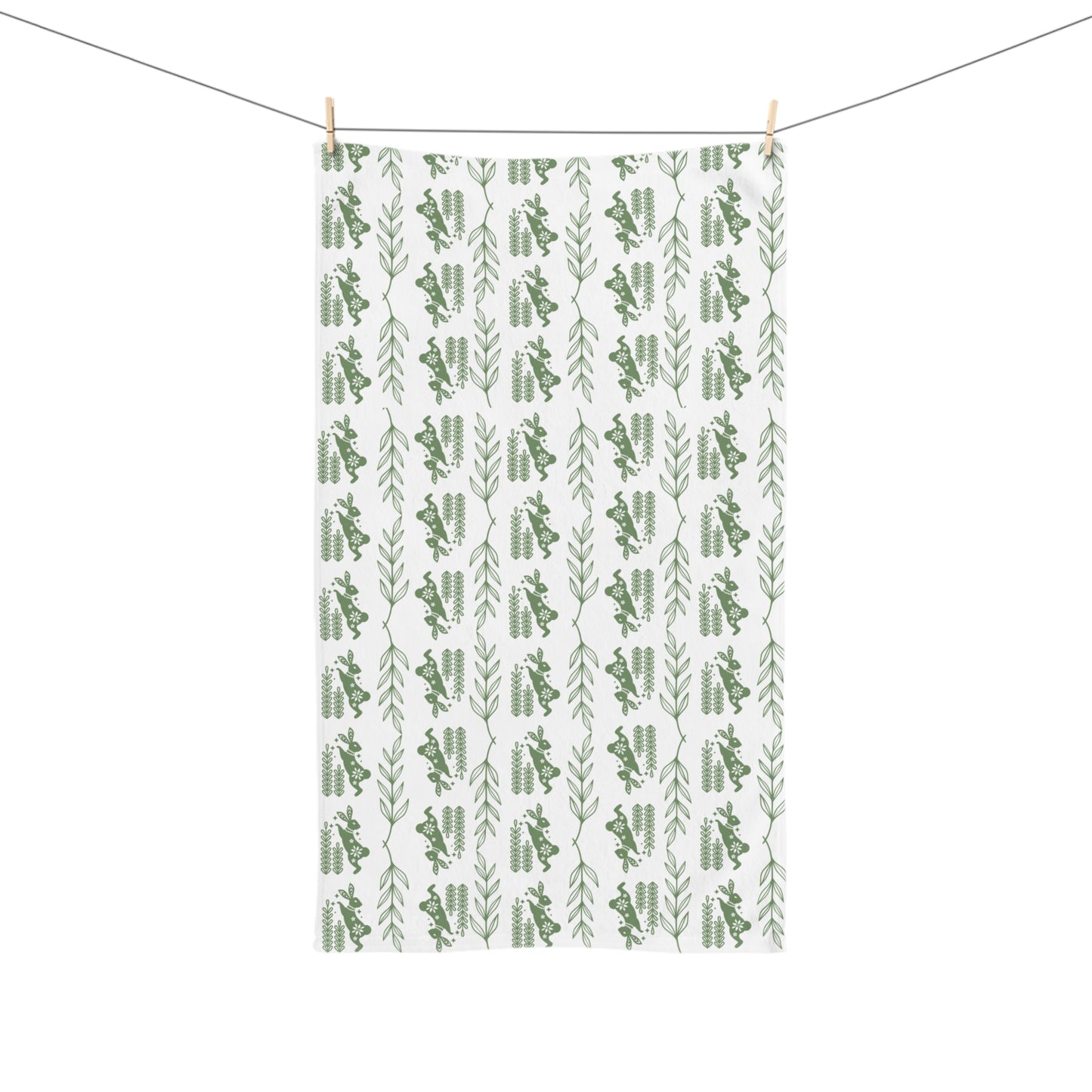 Botanical Stripe Hand Towel — Green Leaf Pattern Kitchen Towel