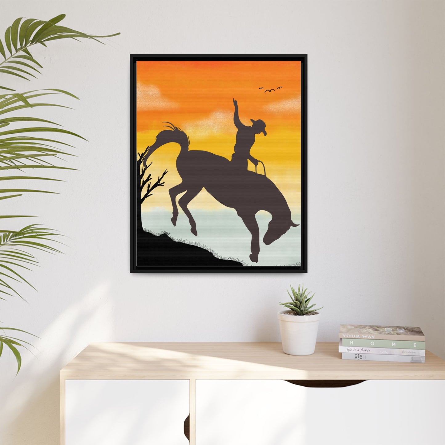 Framed Cowboy Sunset Canvas Art Equestrian Decor Farmhouse Wall Art Rustic Home Decoration Gift for Horse Lovers Rodeo Decor Housewarming Gift