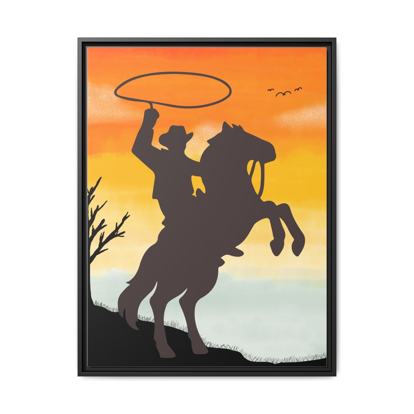Framed Canvas Art Print Western Home Decor Rustic Wall Art Gift for Cowgirl or Cowboy Country Housewarming Rodeo Home Decor Cowboy Sunset