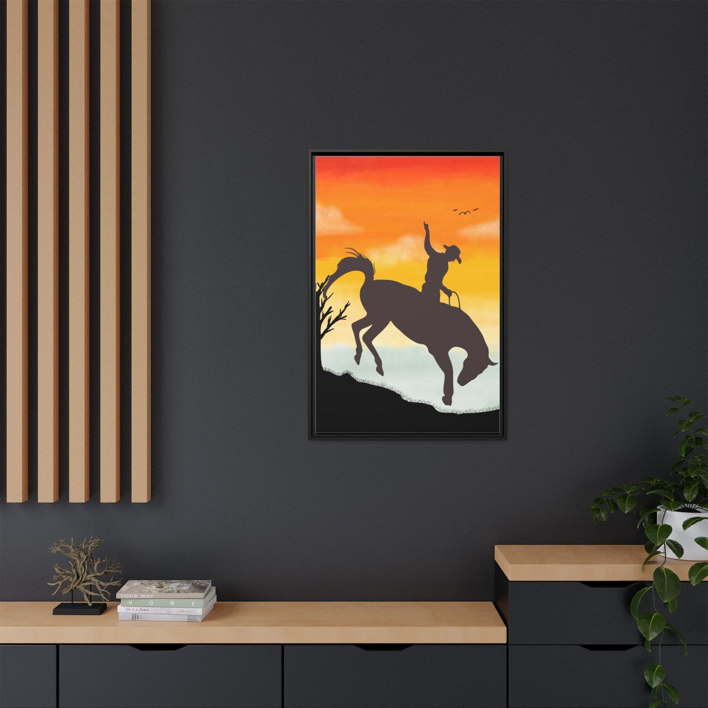 Framed Cowboy Sunset Canvas Art Equestrian Decor Farmhouse Wall Art Rustic Home Decoration Gift for Horse Lovers Rodeo Decor Housewarming Gift
