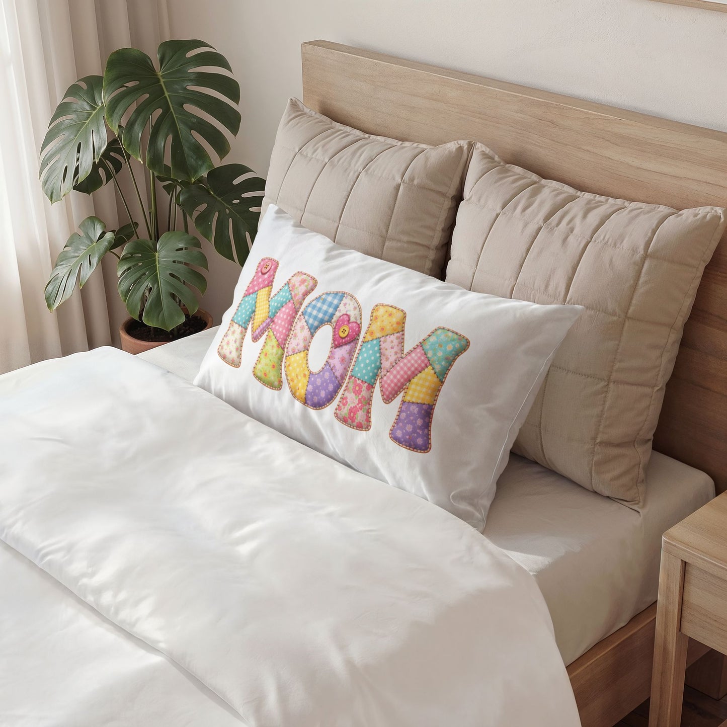 Mom Patchwork Pillow Sham — Floral Quilted 'MOM' Decorative Pillowcase for Mother's Day