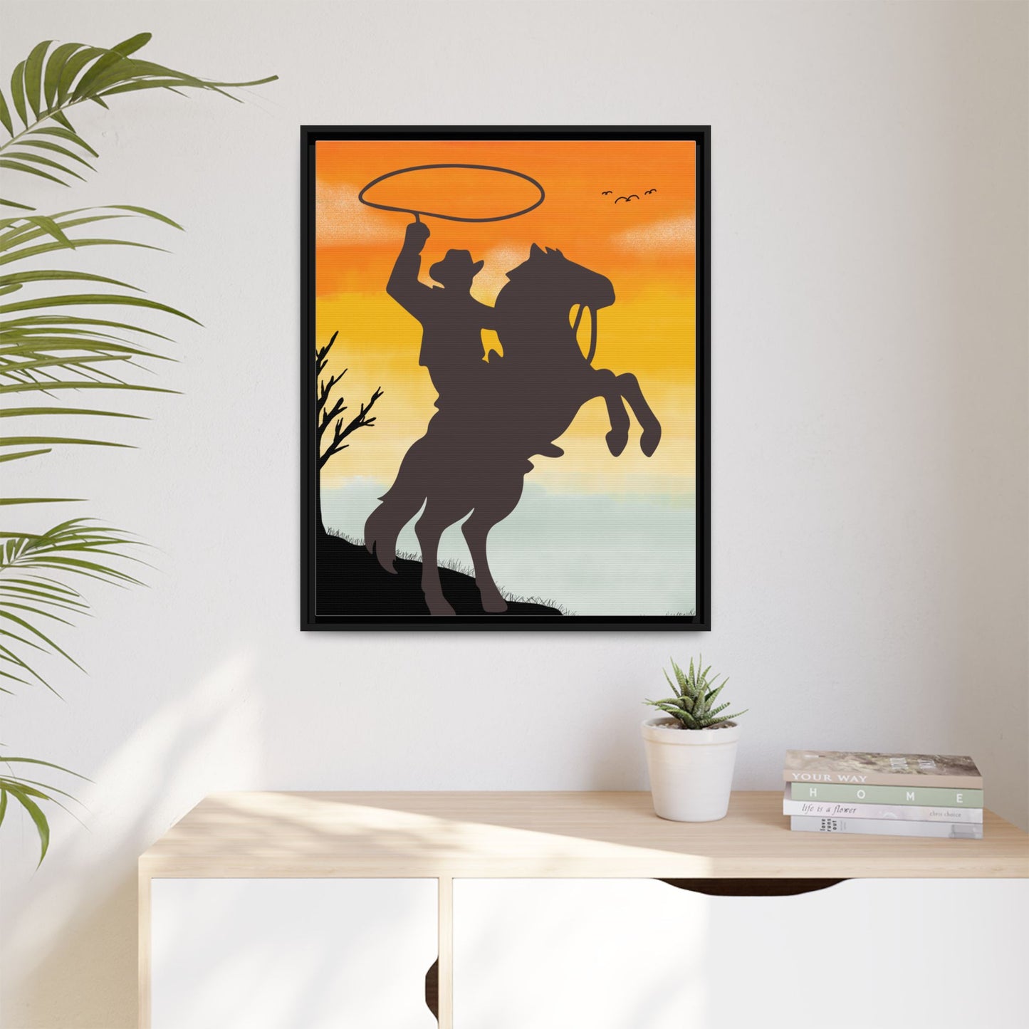 Framed Canvas Art Print Western Home Decor Rustic Wall Art Gift for Cowgirl or Cowboy Country Housewarming Rodeo Home Decor Cowboy Sunset