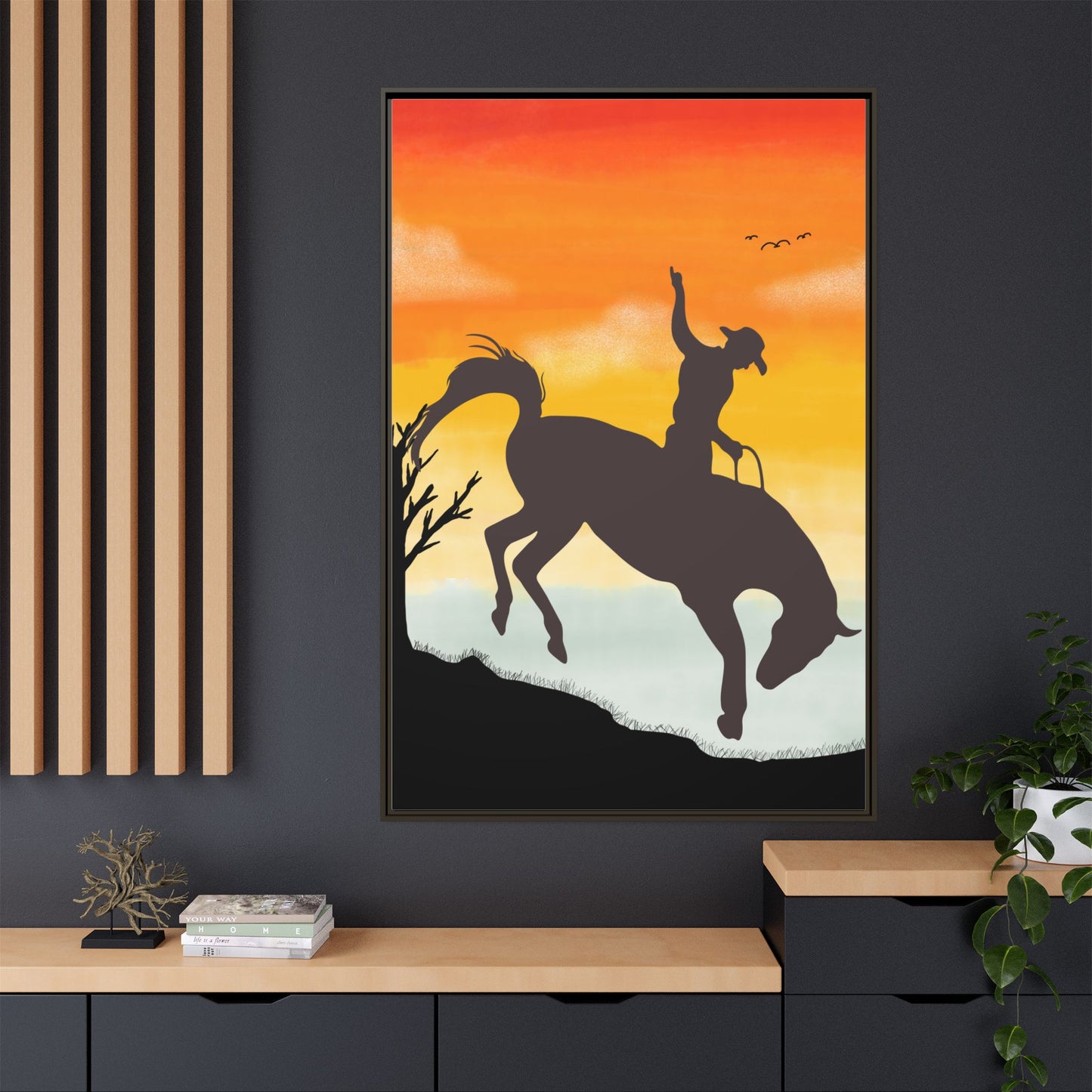 Framed Cowboy Sunset Canvas Art Equestrian Decor Farmhouse Wall Art Rustic Home Decoration Gift for Horse Lovers Rodeo Decor Housewarming Gift