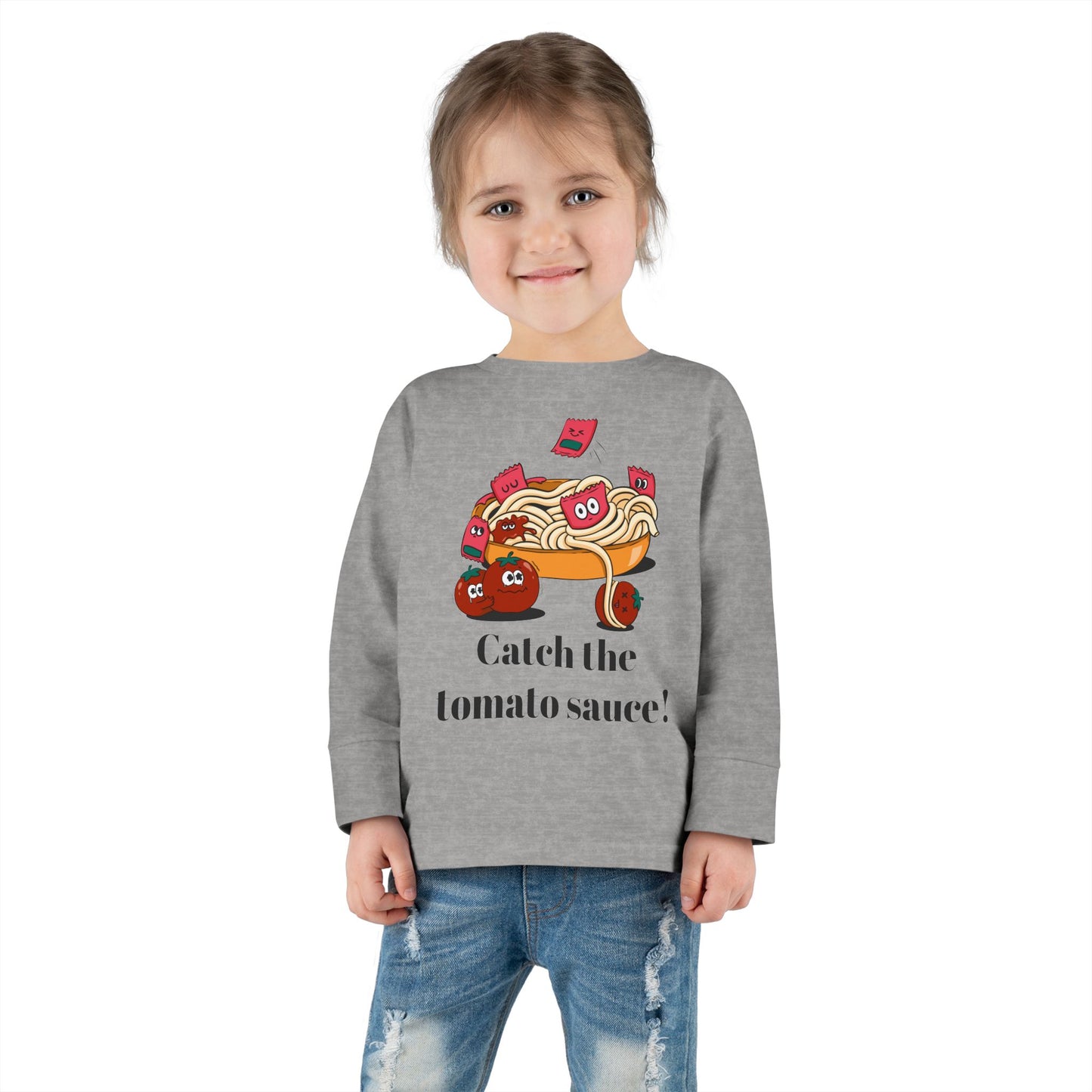 T-Shirt Cute Food-Themed Toddler Long Sleeve Tee Catch the Tomato Sauce Shirt Kids Foodie Apparel Fun Playdate Outfit Perfect for Birthdays