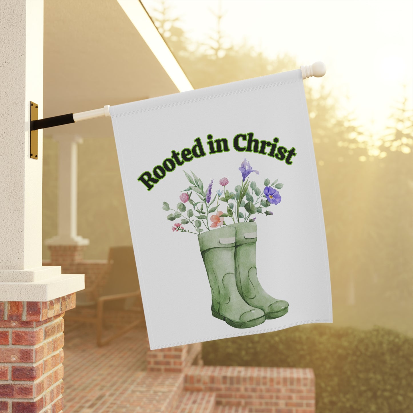 Rooted in Christ Garden Flag — Floral Rainboot Christian Yard Banner