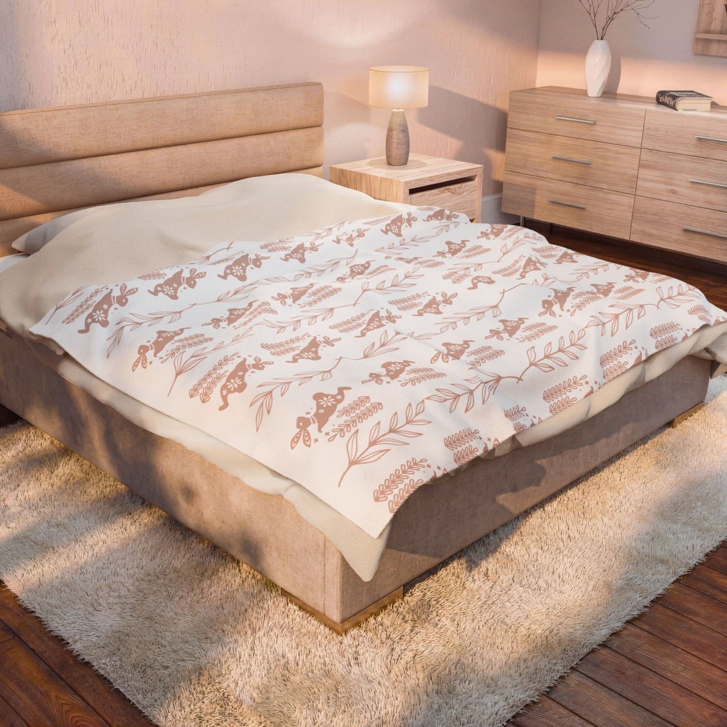 Velveteen Plush Blanket – Soft Pink Floral Deer Pattern Throw