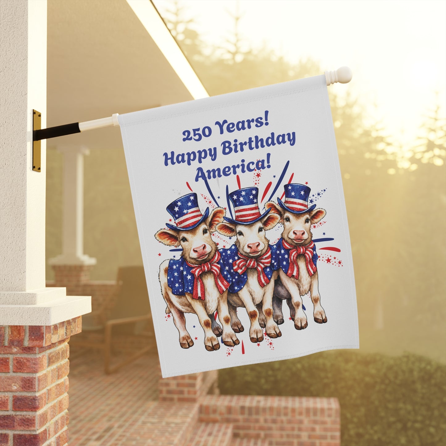 Garden Flag – 250 Years! Happy Birthday America! Patriotic Cows Outdoor Banner