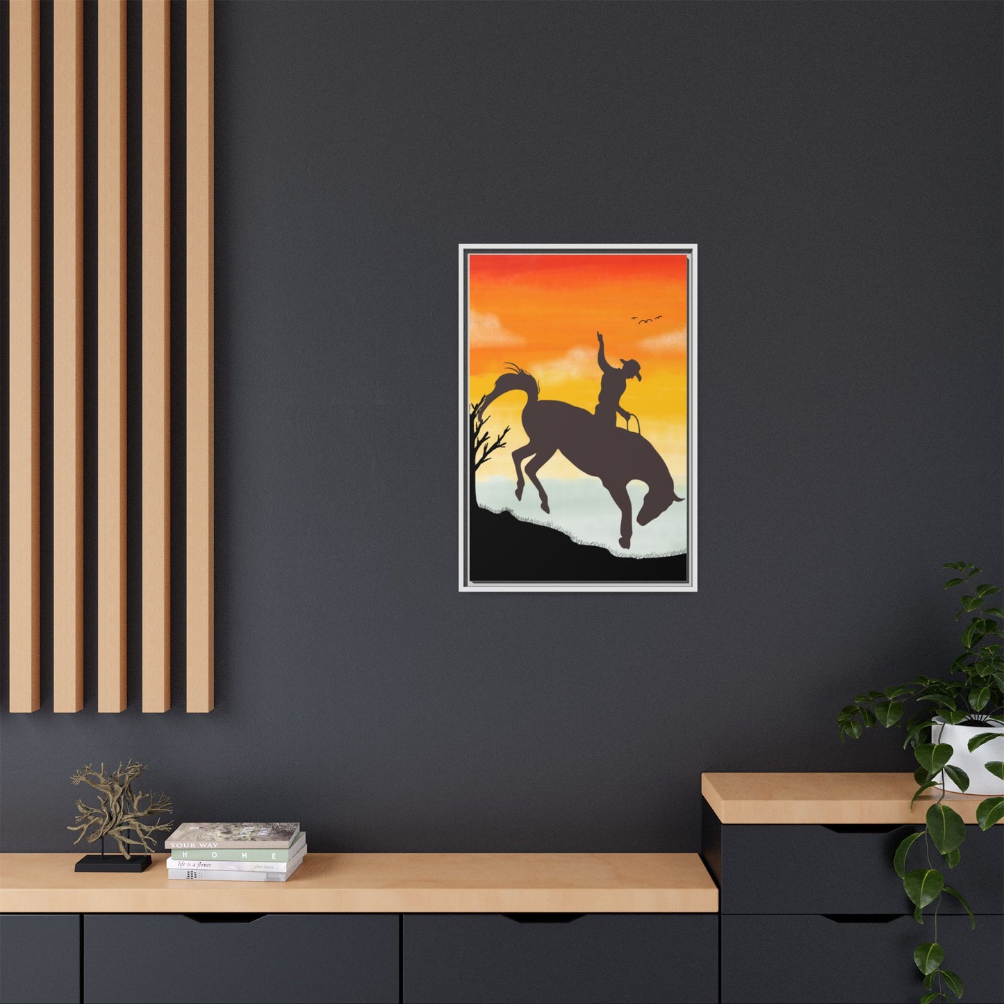 Framed Cowboy Sunset Canvas Art Equestrian Decor Farmhouse Wall Art Rustic Home Decoration Gift for Horse Lovers Rodeo Decor Housewarming Gift