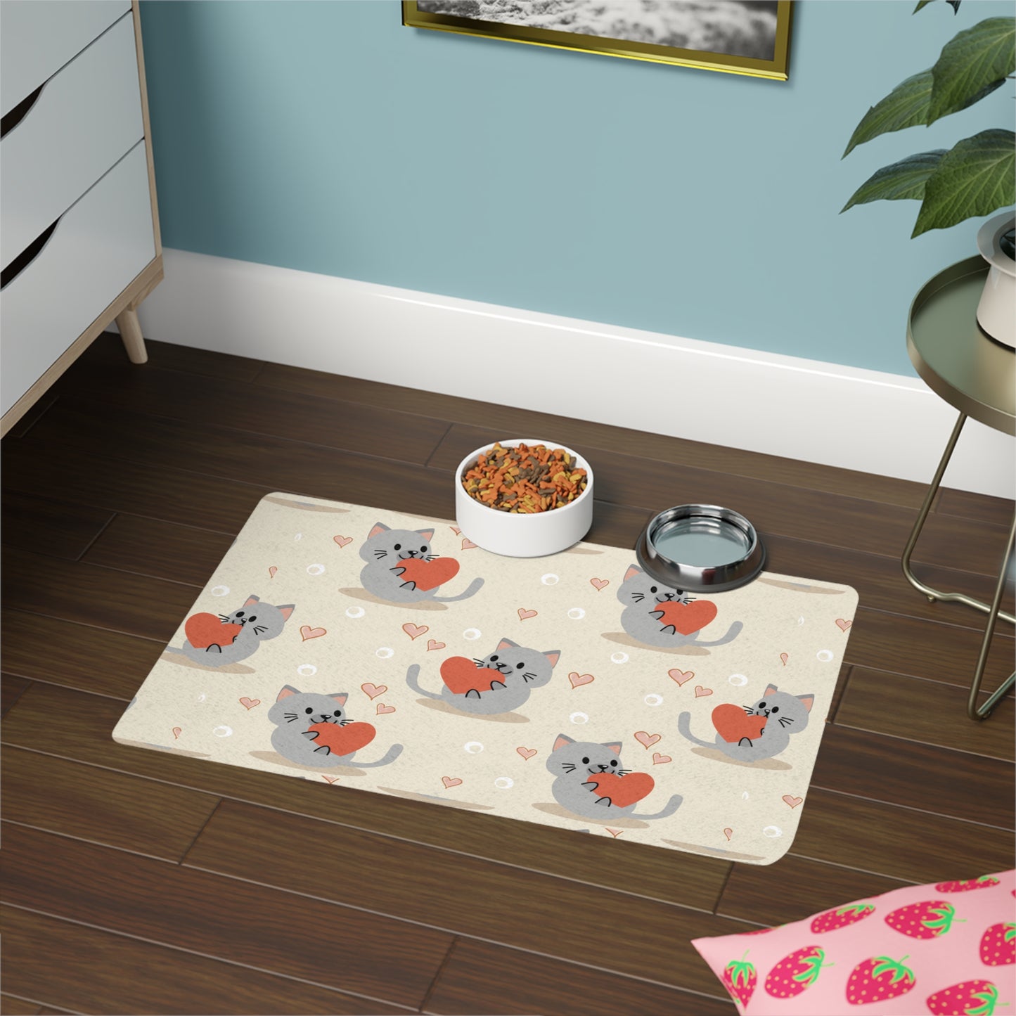 Pet Food Mat Cat Feeding Mat Heart Design Pet Place Mat Kitty Gift Cat or Dog Lovers Home Decor Non-Slip Dish Mat Cute Cat Love Food Mat