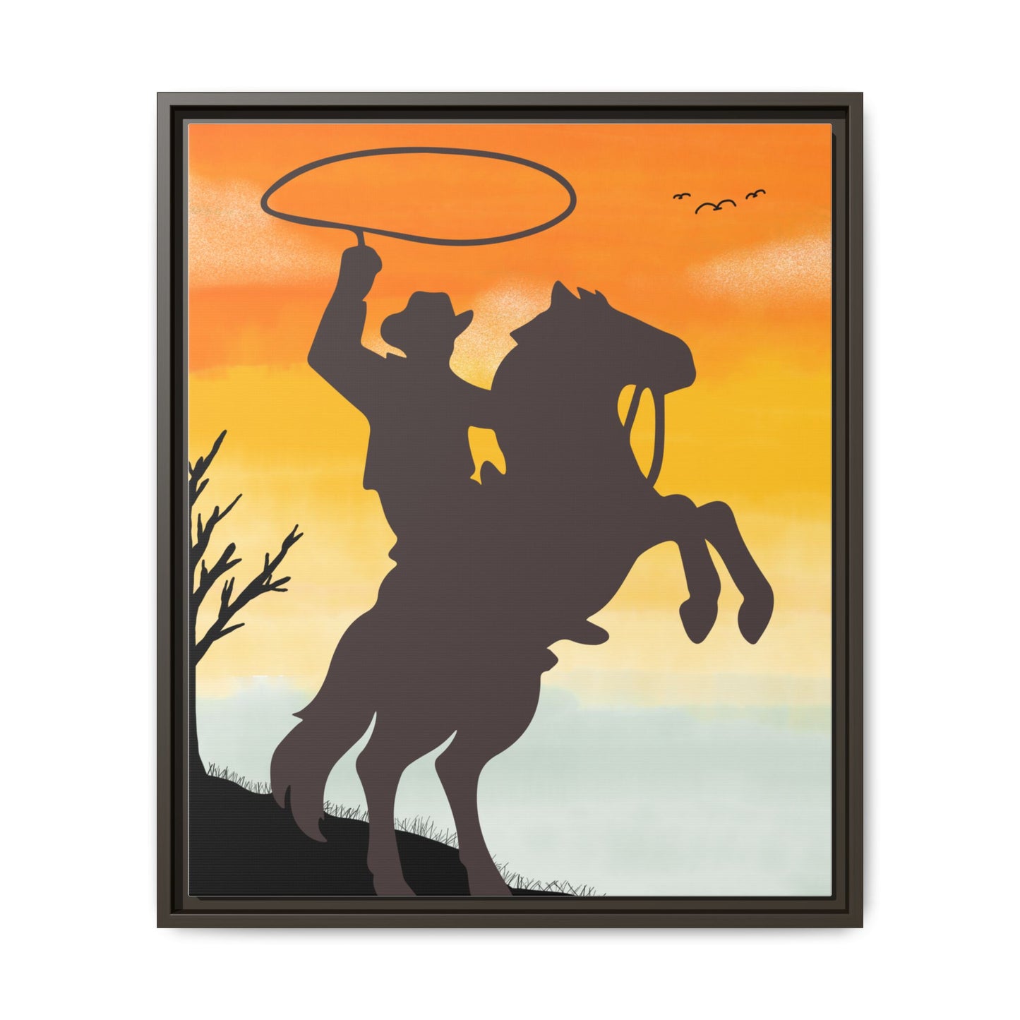 Framed Canvas Art Print Western Home Decor Rustic Wall Art Gift for Cowgirl or Cowboy Country Housewarming Rodeo Home Decor Cowboy Sunset