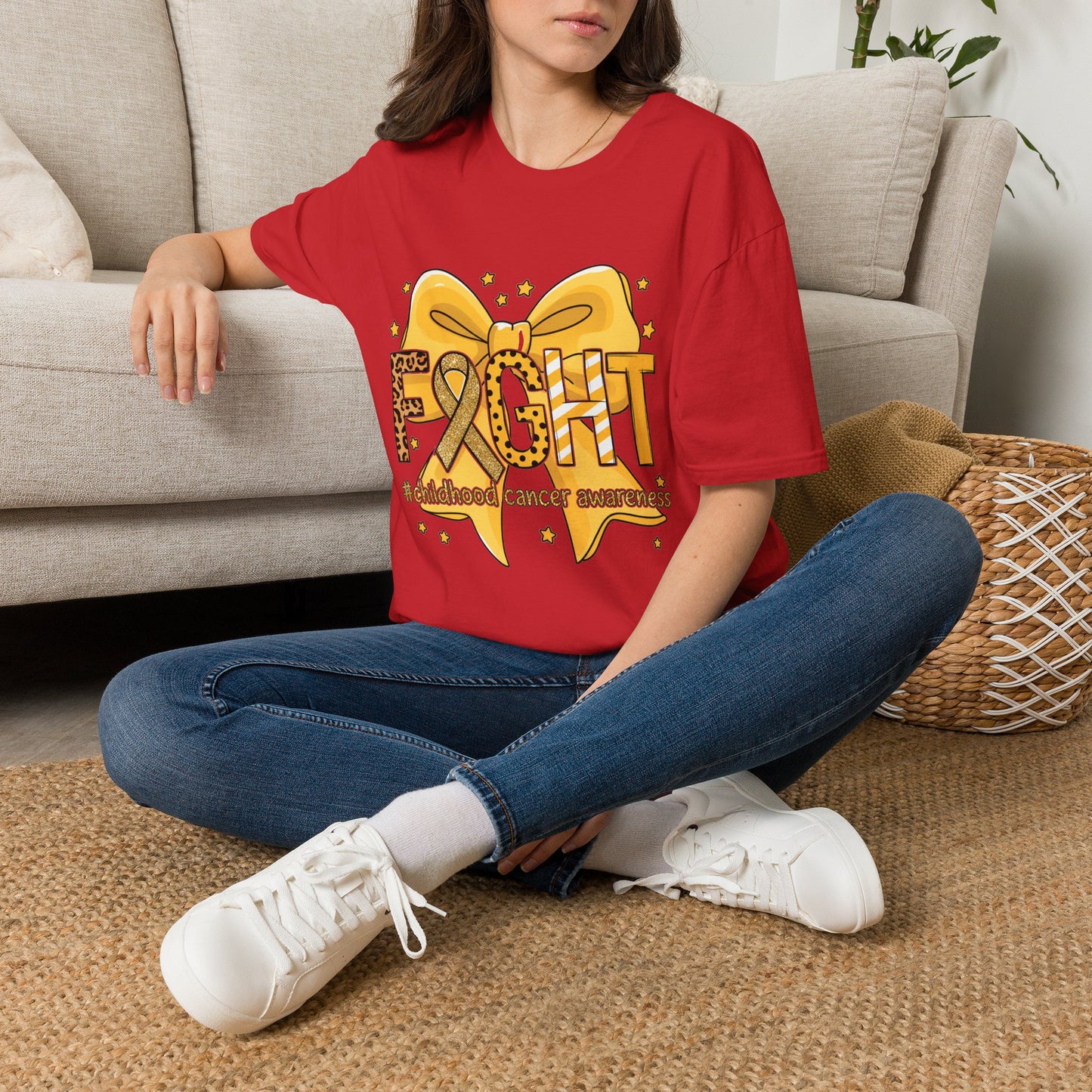 Fight Childhood Cancer T-Shirt — Gold Awareness Ribbon Bow Design