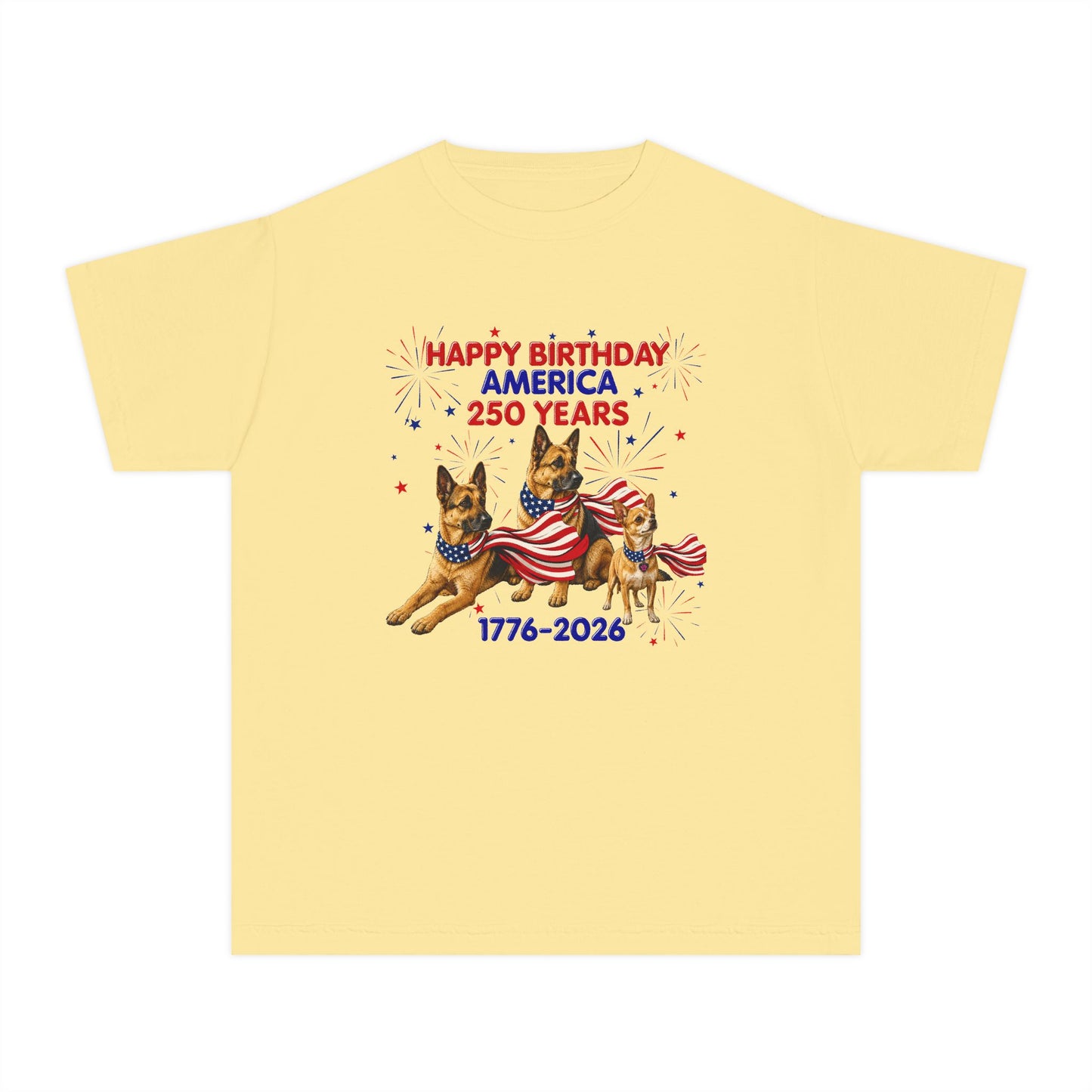 Youth Tee — "Happy Birthday America 250 Years 1776-2026" Patriotic German Shepherds