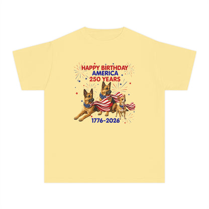 Youth Tee — "Happy Birthday America 250 Years 1776-2026" Patriotic German Shepherds