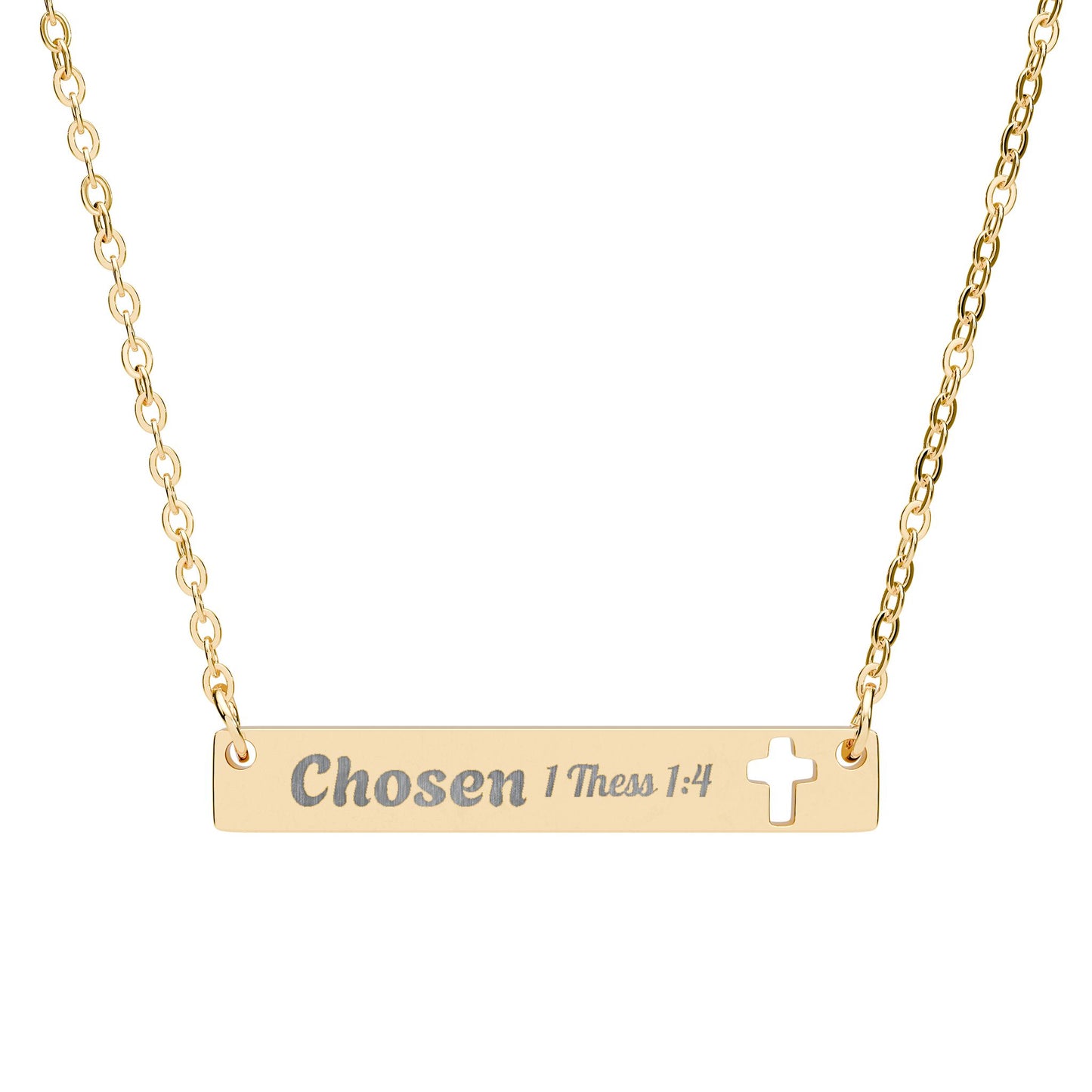 Cutout Cross Bar Necklace — Engraved "Chosen" Personalized Religious Pendant