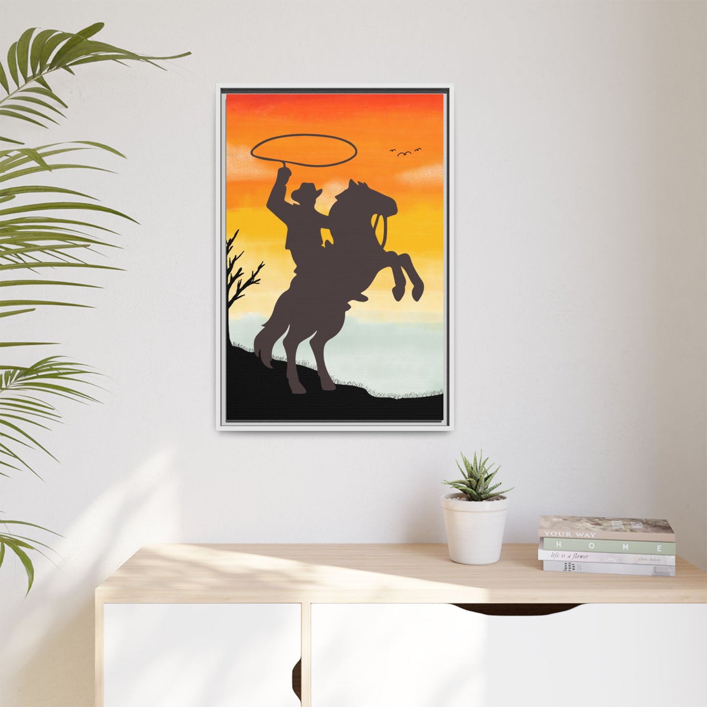 Framed Canvas Art Print Western Home Decor Rustic Wall Art Gift for Cowgirl or Cowboy Country Housewarming Rodeo Home Decor Cowboy Sunset