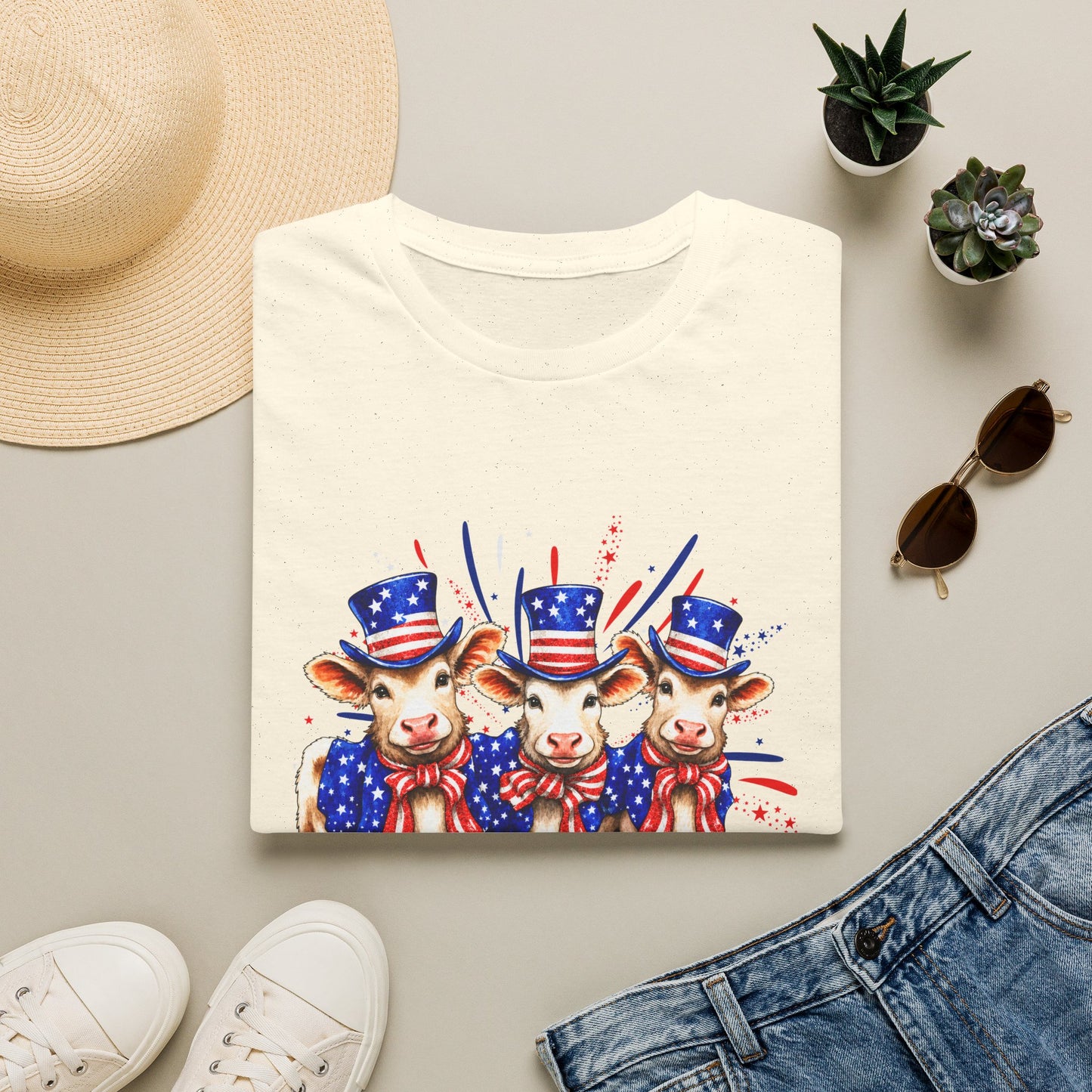 American Patriotic Cows T-Shirt — 4th of July Cow Trio in Uncle Sam Hats