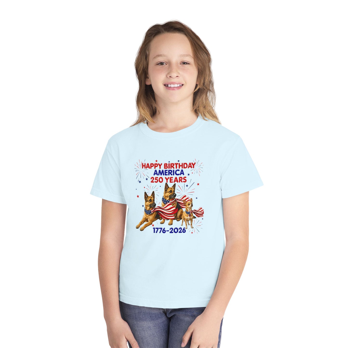 Youth Tee — "Happy Birthday America 250 Years 1776-2026" Patriotic German Shepherds