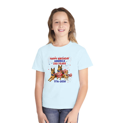 Youth Tee — "Happy Birthday America 250 Years 1776-2026" Patriotic German Shepherds