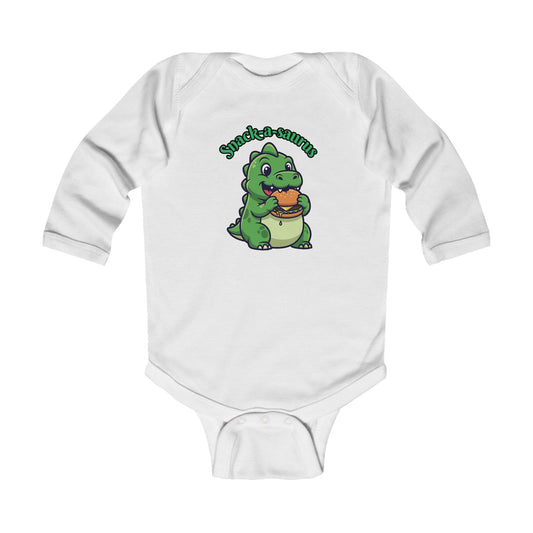 Infant Bodysuit — Cute Baby Dinosaur "Snack-a-saurus" Long Sleeve Onesie