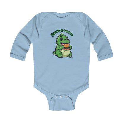 Infant Bodysuit — Cute Baby Dinosaur "Snack-a-saurus" Long Sleeve Onesie