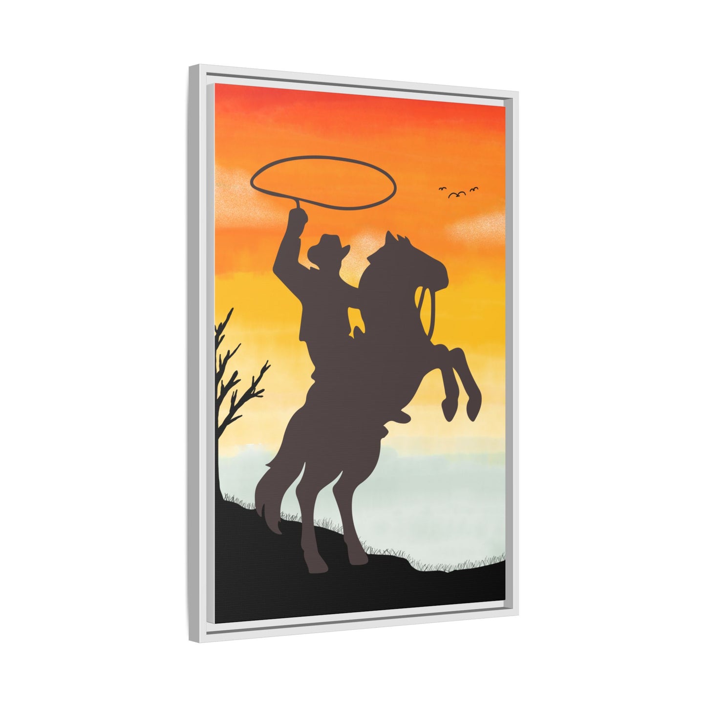 Framed Canvas Art Print Western Home Decor Rustic Wall Art Gift for Cowgirl or Cowboy Country Housewarming Rodeo Home Decor Cowboy Sunset