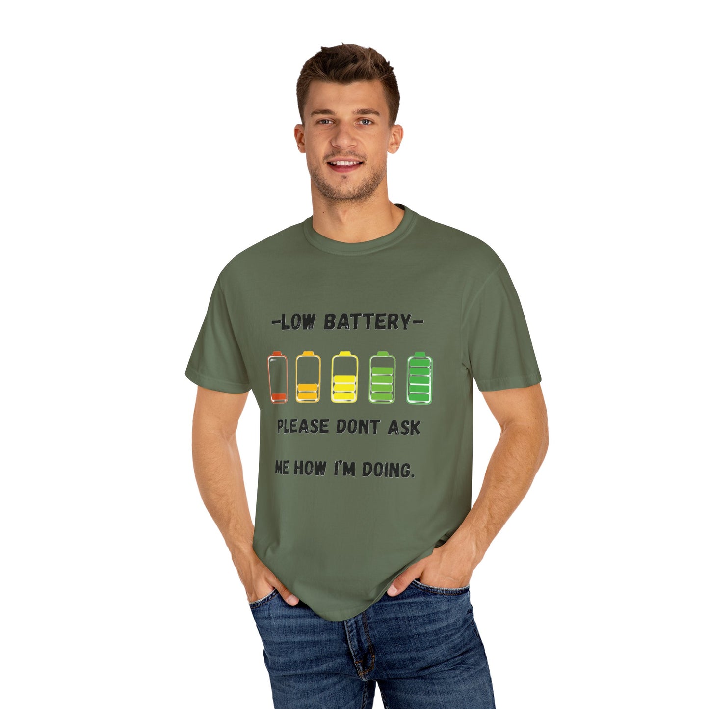 T-Shirt Low Battery Funny Unisex T-Shirt Humorous Gift Casual Wear Self-Care Reminder Everyday Comfort