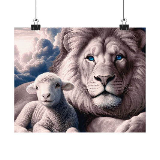 Lion and Lamb Matte Poster – Inspirational Religious Wall Art, Peaceful Nursery Print