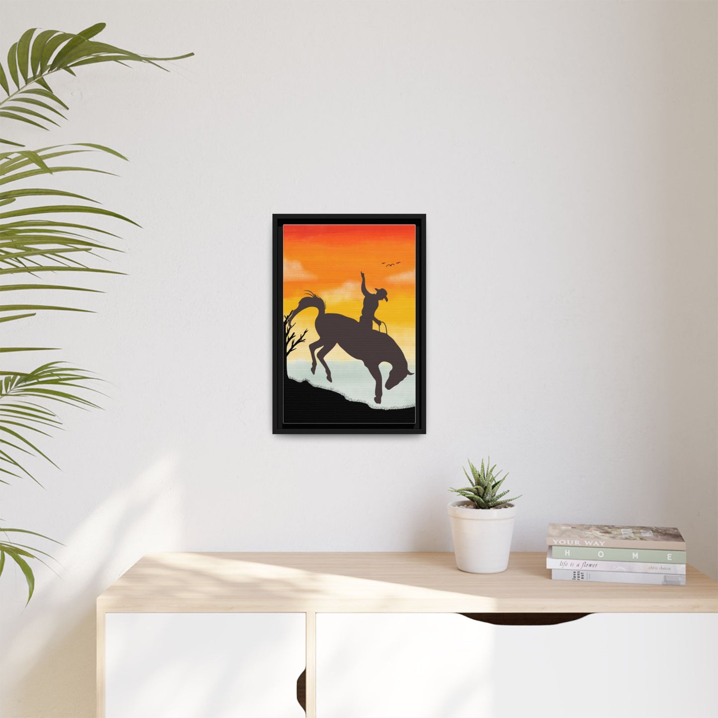 Framed Cowboy Sunset Canvas Art Equestrian Decor Farmhouse Wall Art Rustic Home Decoration Gift for Horse Lovers Rodeo Decor Housewarming Gift