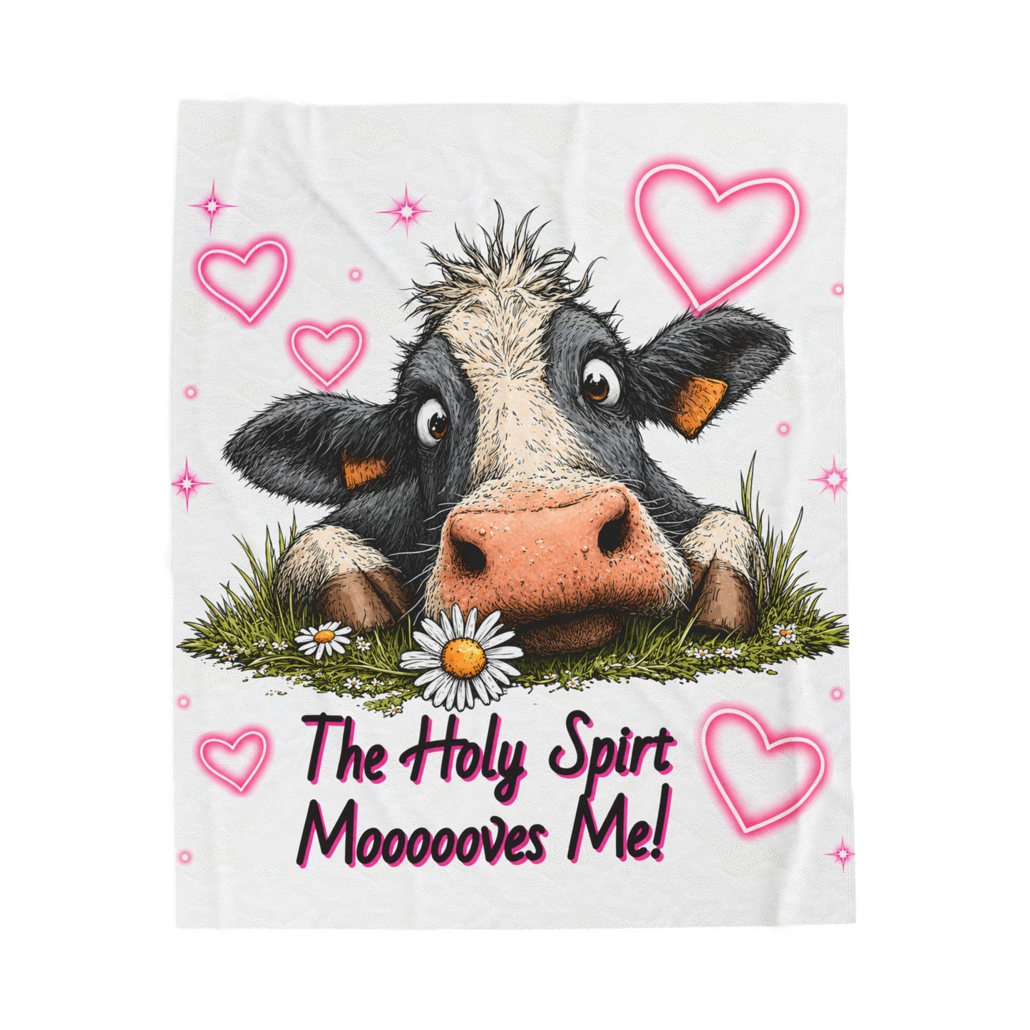 Velveteen Blanket – "The Holy Spirit Moooooves Me" Cute Cow Plush Throw