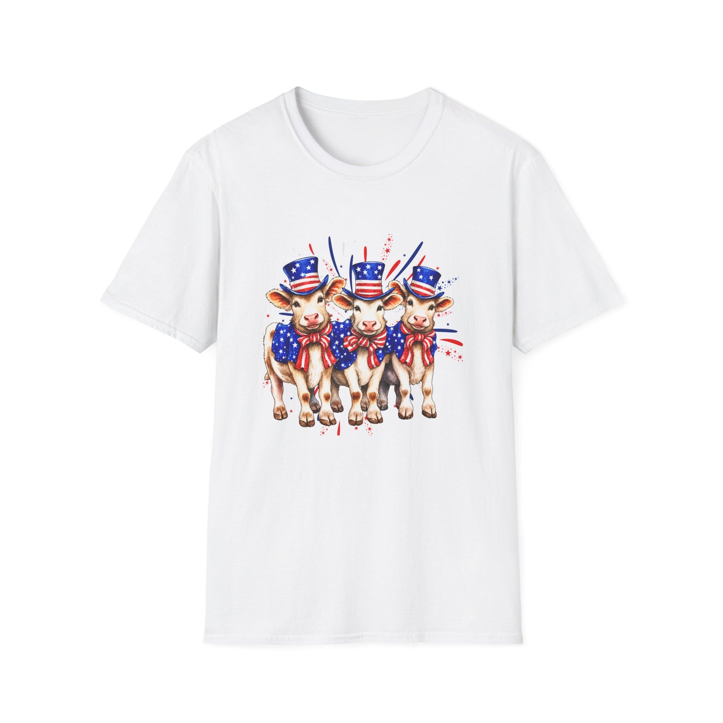 American Patriotic Cows T-Shirt — 4th of July Cow Trio in Uncle Sam Hats