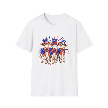 American Patriotic Cows T-Shirt — 4th of July Cow Trio in Uncle Sam Hats