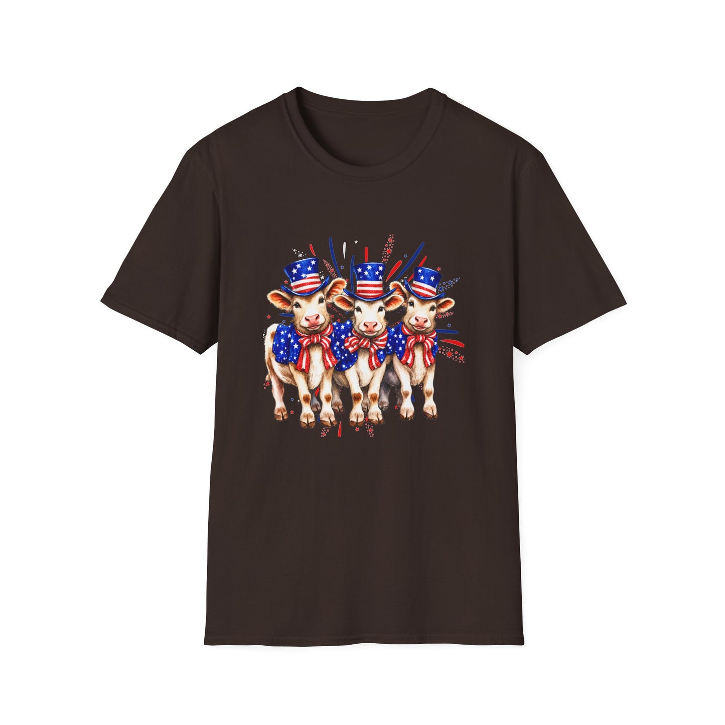 American Patriotic Cows T-Shirt — 4th of July Cow Trio in Uncle Sam Hats