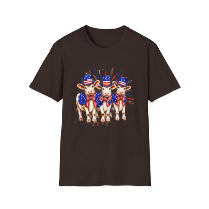 American Patriotic Cows T-Shirt — 4th of July Cow Trio in Uncle Sam Hats