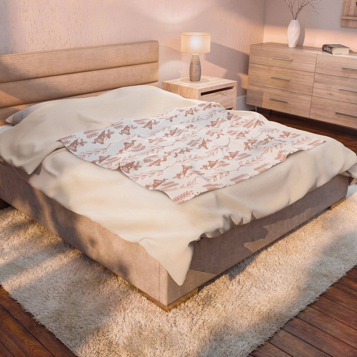 Velveteen Plush Blanket – Soft Pink Floral Deer Pattern Throw