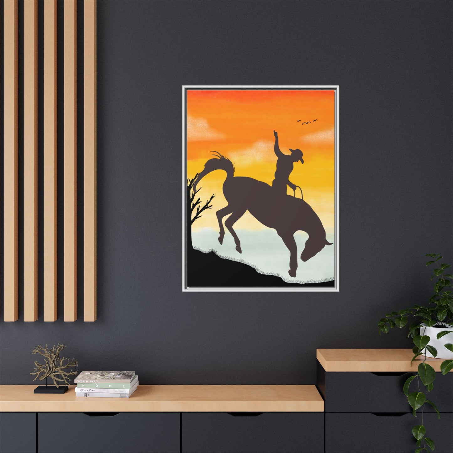 Framed Cowboy Sunset Canvas Art Equestrian Decor Farmhouse Wall Art Rustic Home Decoration Gift for Horse Lovers Rodeo Decor Housewarming Gift