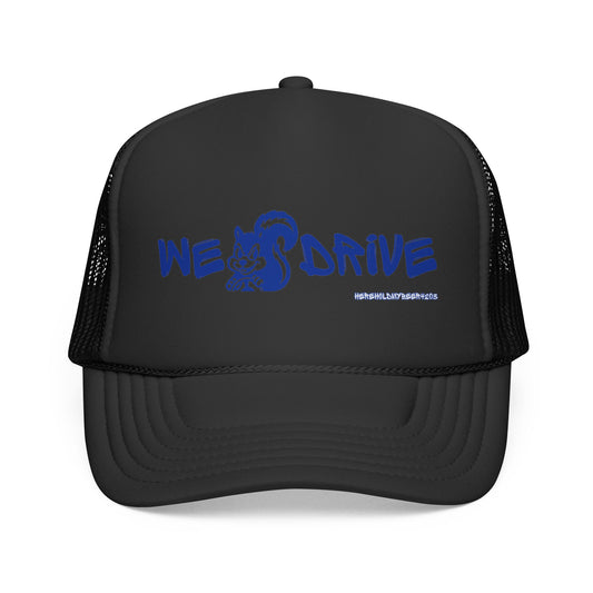 We Drive Trucker Hat — Blue Graphic Mesh Cap for Drivers & Car Enthusiasts