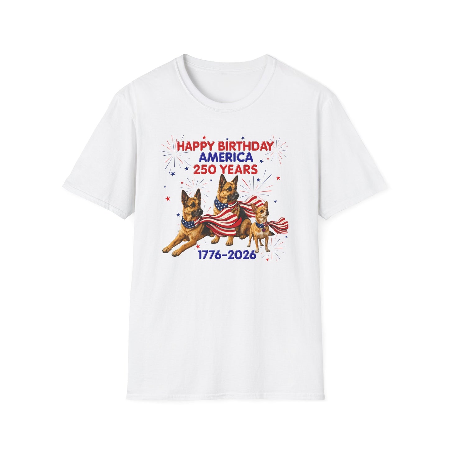 1776–2026 Happy Birthday America T-Shirt — 250 Years Patriotic Flag Dogs Tee