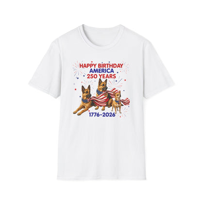 1776–2026 Happy Birthday America T-Shirt — 250 Years Patriotic Flag Dogs Tee
