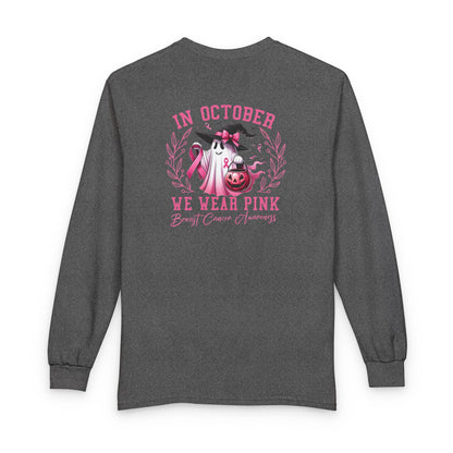 Breast Cancer Awareness Long Sleeve Tee — "In October We Wear Pink" Cow Design