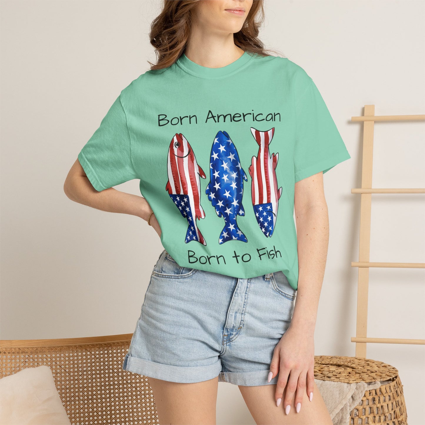 T-Shirt — "Born American Born to Fish" Patriotic Fishing Tee
