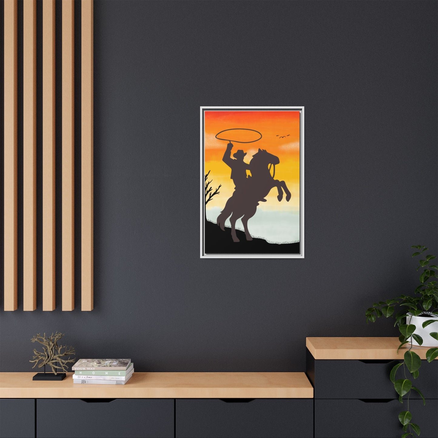 Framed Canvas Art Print Western Home Decor Rustic Wall Art Gift for Cowgirl or Cowboy Country Housewarming Rodeo Home Decor Cowboy Sunset
