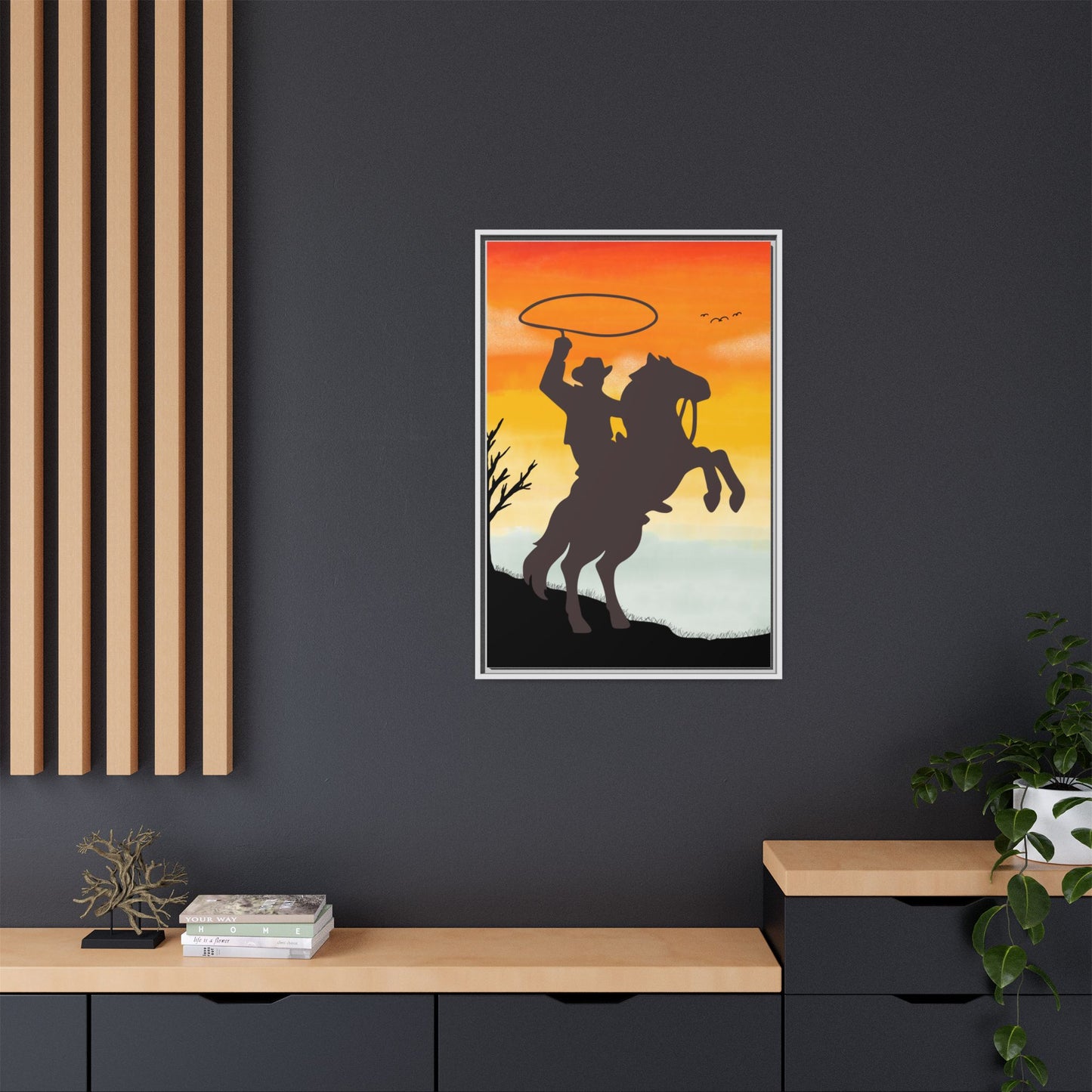 Framed Canvas Art Print Western Home Decor Rustic Wall Art Gift for Cowgirl or Cowboy Country Housewarming Rodeo Home Decor Cowboy Sunset