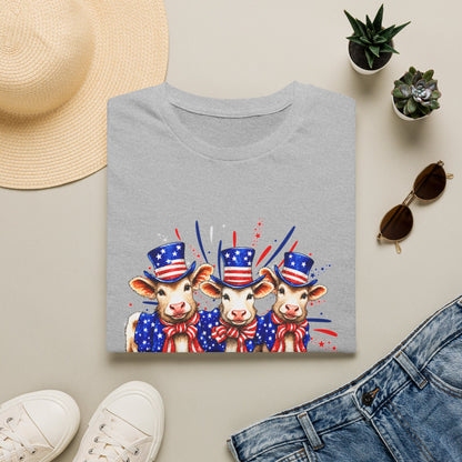 American Patriotic Cows T-Shirt — 4th of July Cow Trio in Uncle Sam Hats
