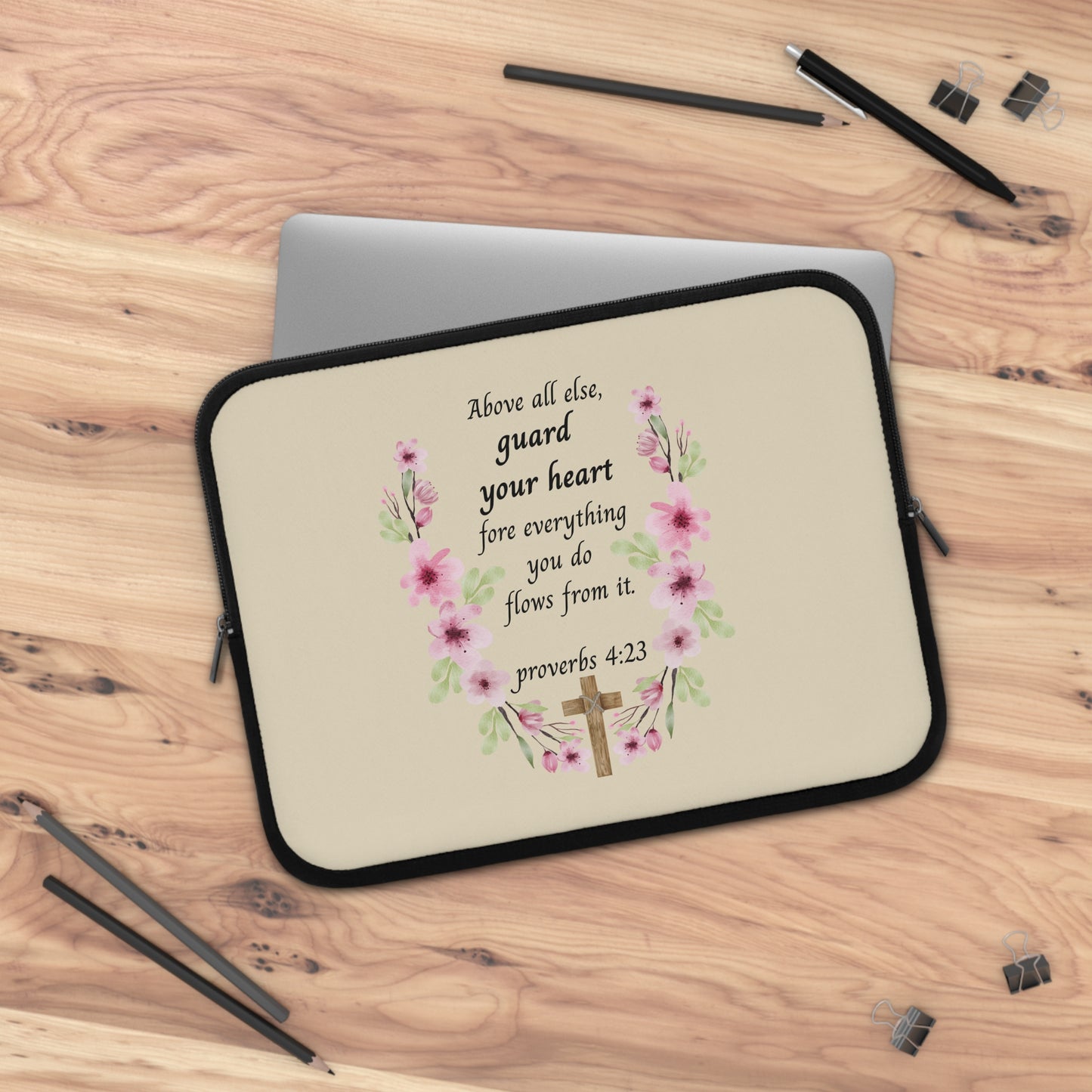 Proverbs 4:23 Floral Laptop Sleeve — "Above All Else, Guard Your Heart" Christian Devotional Sleeve