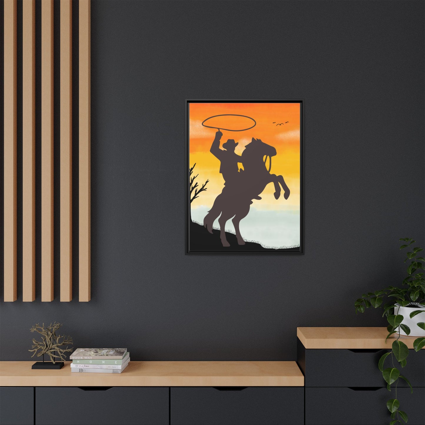 Framed Canvas Art Print Western Home Decor Rustic Wall Art Gift for Cowgirl or Cowboy Country Housewarming Rodeo Home Decor Cowboy Sunset