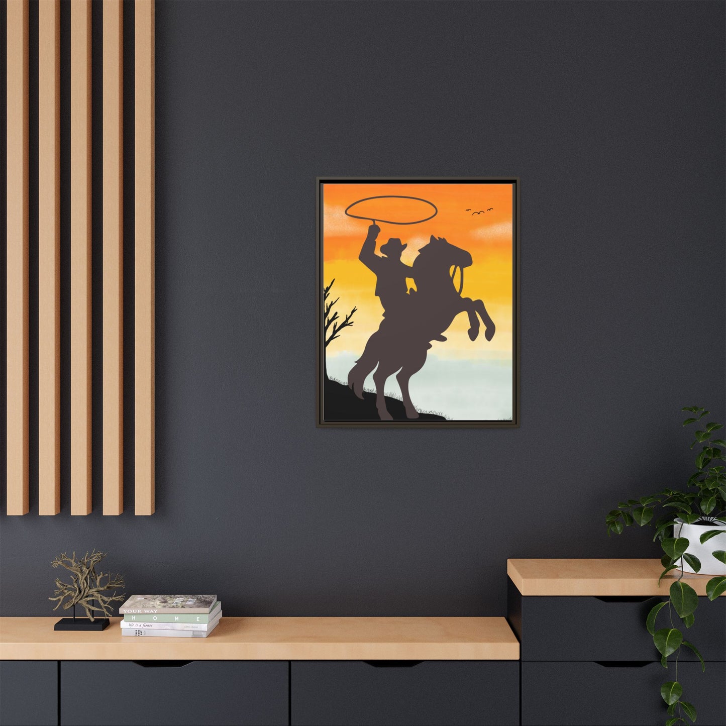 Framed Canvas Art Print Western Home Decor Rustic Wall Art Gift for Cowgirl or Cowboy Country Housewarming Rodeo Home Decor Cowboy Sunset