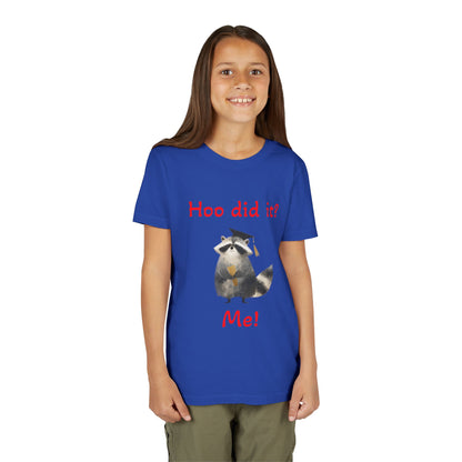 Youth Tee – Cute Raccoon “Hoo did it? Me!” Kids Shirt
