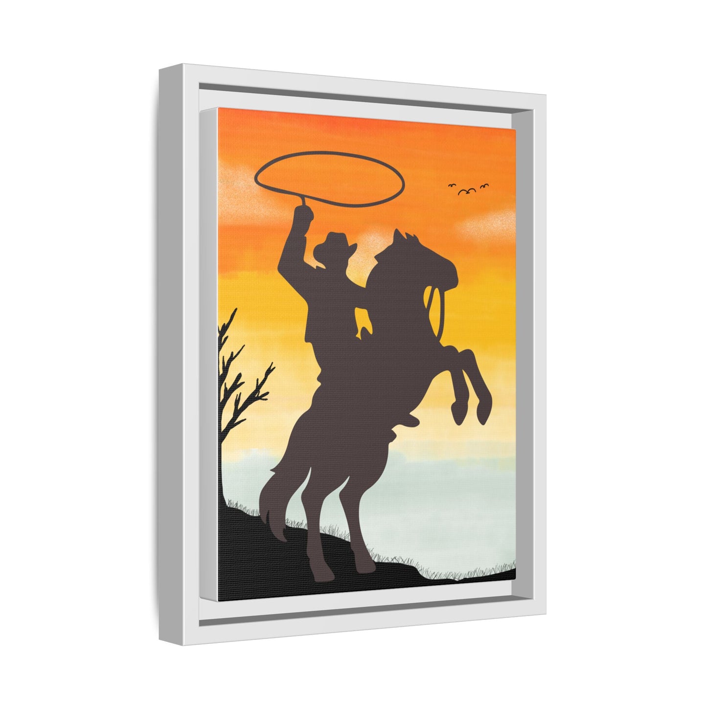 Framed Canvas Art Print Western Home Decor Rustic Wall Art Gift for Cowgirl or Cowboy Country Housewarming Rodeo Home Decor Cowboy Sunset